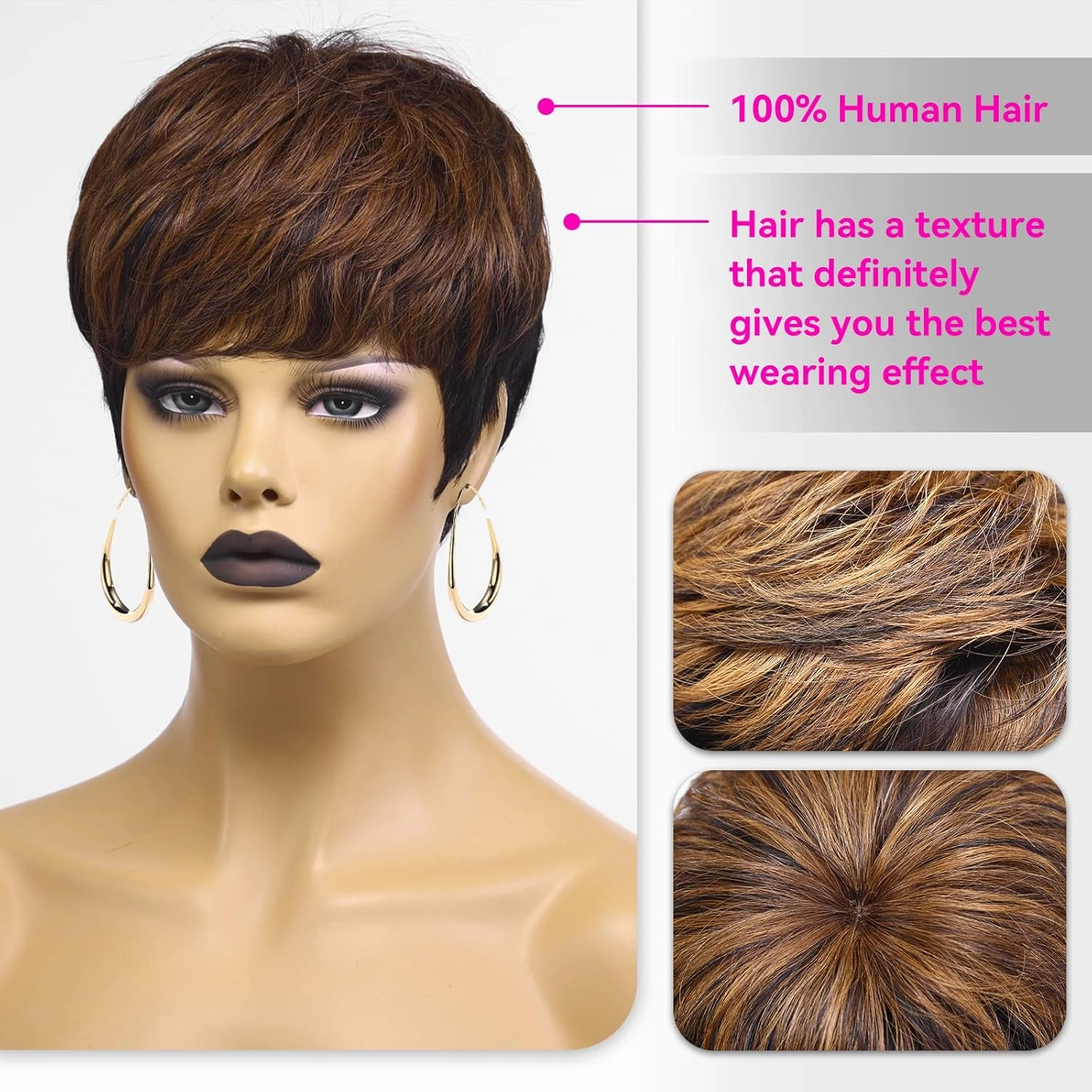 HAIRCUBE Pixie Cut Wigs Black mix Brown for Women Pixie Cut Human Hair Wigs Short Remy Hair Black with Brown Color Short Black Layered Wavy Wigs (pixie cut wig, black with brown)