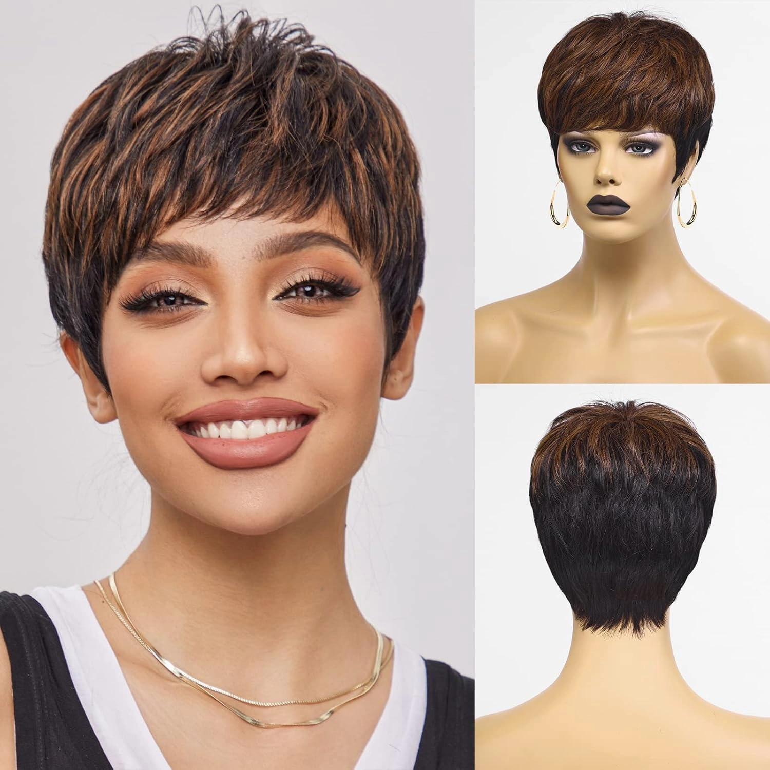 HAIRCUBE Pixie Cut Wigs Black mix Brown for Women Pixie Cut Human Hair Wigs Short Remy Hair Black with Brown Color Short Black Layered Wavy Wigs (pixie cut wig, black with brown)