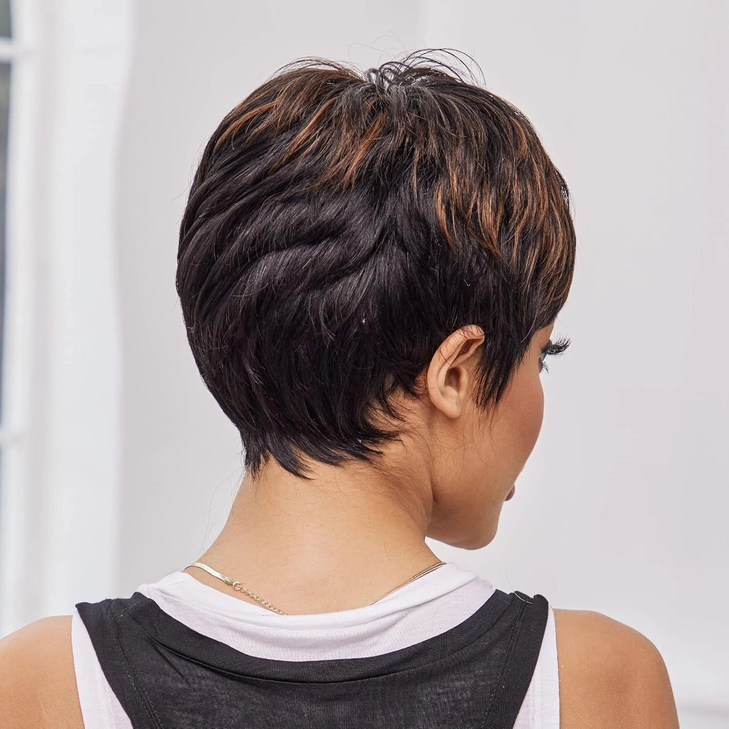 HAIRCUBE Pixie Cut Wigs Black mix Brown for Women Pixie Cut Human Hair Wigs Short Remy Hair Black with Brown Color Short Black Layered Wavy Wigs (pixie cut wig, black with brown)