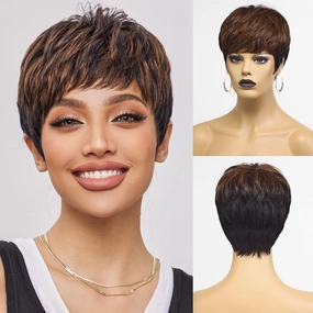 HAIRCUBE Pixie Cut Wigs Black mix Brown for Women Pixie Cut Human Hair Wigs Short Remy Hair Black with Brown Color Short Black Layered Wavy Wigs (pixie cut wig, black with brown)