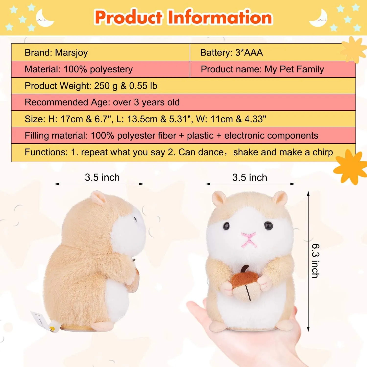 Hamster Talking Pet Toy Repeat What You Say Robot Plush Stuffed Animal Interactive, Dancing and Shaking Robotic Recording Toy, Animated Toy Pet for Girls Boys Baby Kids H: 6.3"