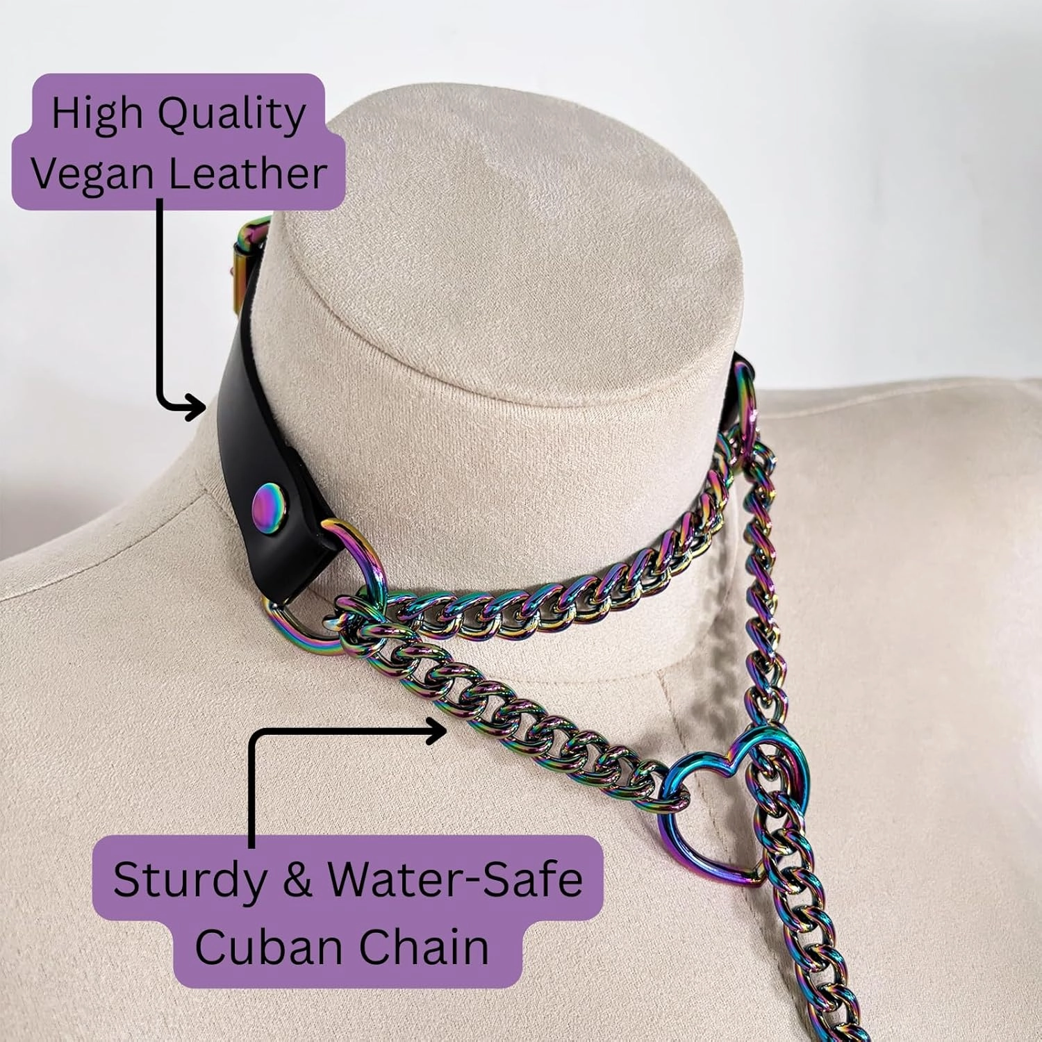 Handmade Black Vegan Leather Slip Chain Choker for Women, Adjustable Buckle Cuban Rainbow Heart O-ring Slip Chain Necklace for Women, Gothic Punk Jewelry Gifts