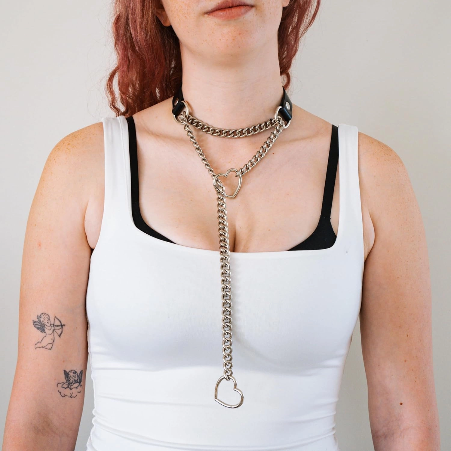Handmade Black Vegan Leather Slip Chain Choker for Women, Adjustable Buckle Cuban Rainbow Heart O-ring Slip Chain Necklace for Women, Gothic Punk Jewelry Gifts