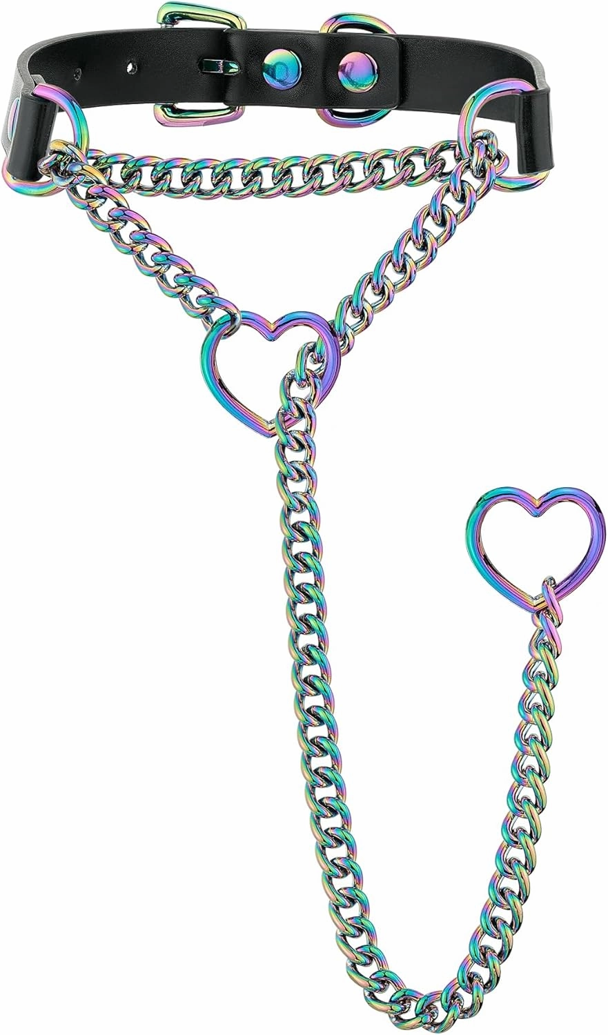 Handmade Black Vegan Leather Slip Chain Choker for Women, Adjustable Buckle Cuban Rainbow Heart O-ring Slip Chain Necklace for Women, Gothic Punk Jewelry Gifts
