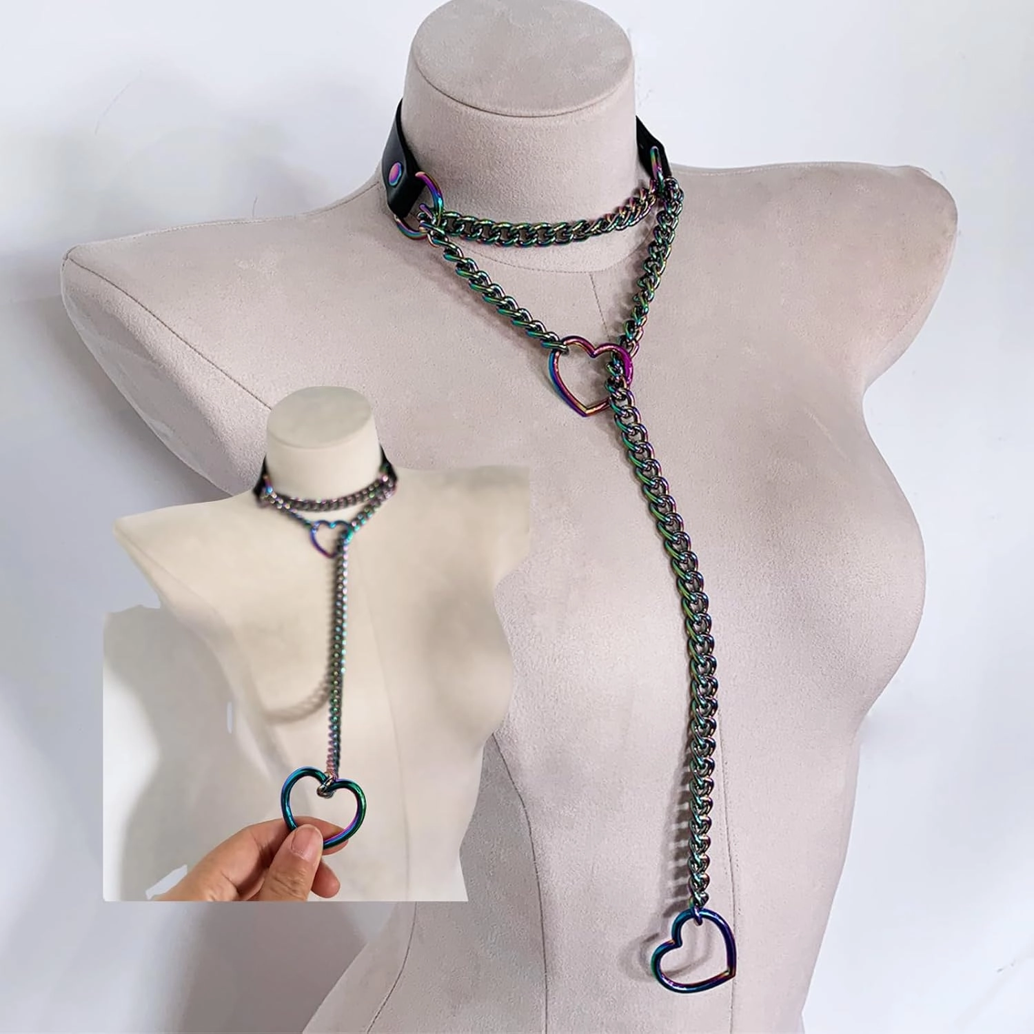 Handmade Black Vegan Leather Slip Chain Choker for Women, Adjustable Buckle Cuban Rainbow Heart O-ring Slip Chain Necklace for Women, Gothic Punk Jewelry Gifts