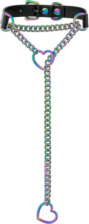 Handmade Black Vegan Leather Slip Chain Choker for Women, Adjustable Buckle Cuban Rainbow Heart O-ring Slip Chain Necklace for Women, Gothic Punk Jewelry Gifts