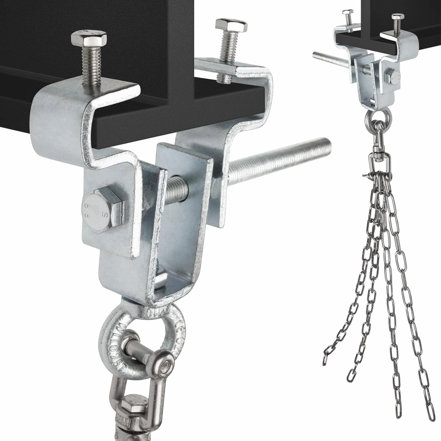 Heavy Duty I-Beam Clamp Holder, Boxing Bag Hanger/Lifter, Adjustable 2.5'-7.5' Steel Beam Clamp, 550lb Capacity, with Swivel Chain and Attachment Ring