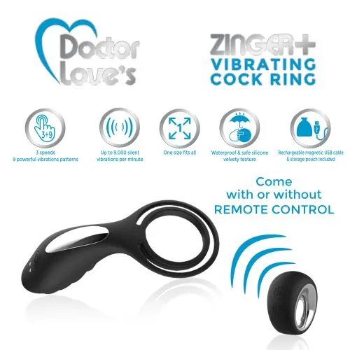 Hella Raw Doctor Love Zinger  Vibrating Rechargeable Cock Ring W/ Remote Black