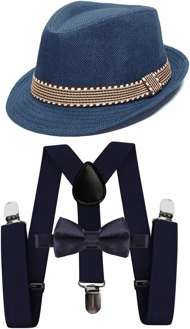 HIHCBF 1920s Kids Costume Accessories Set Boys Party Outfits Adjustable Suspenders Pre-Tied Bow Tie Short Brim Fedora Hat