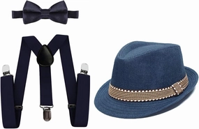HIHCBF 1920s Kids Costume Accessories Set Boys Party Outfits Adjustable Suspenders Pre-Tied Bow Tie Short Brim Fedora Hat