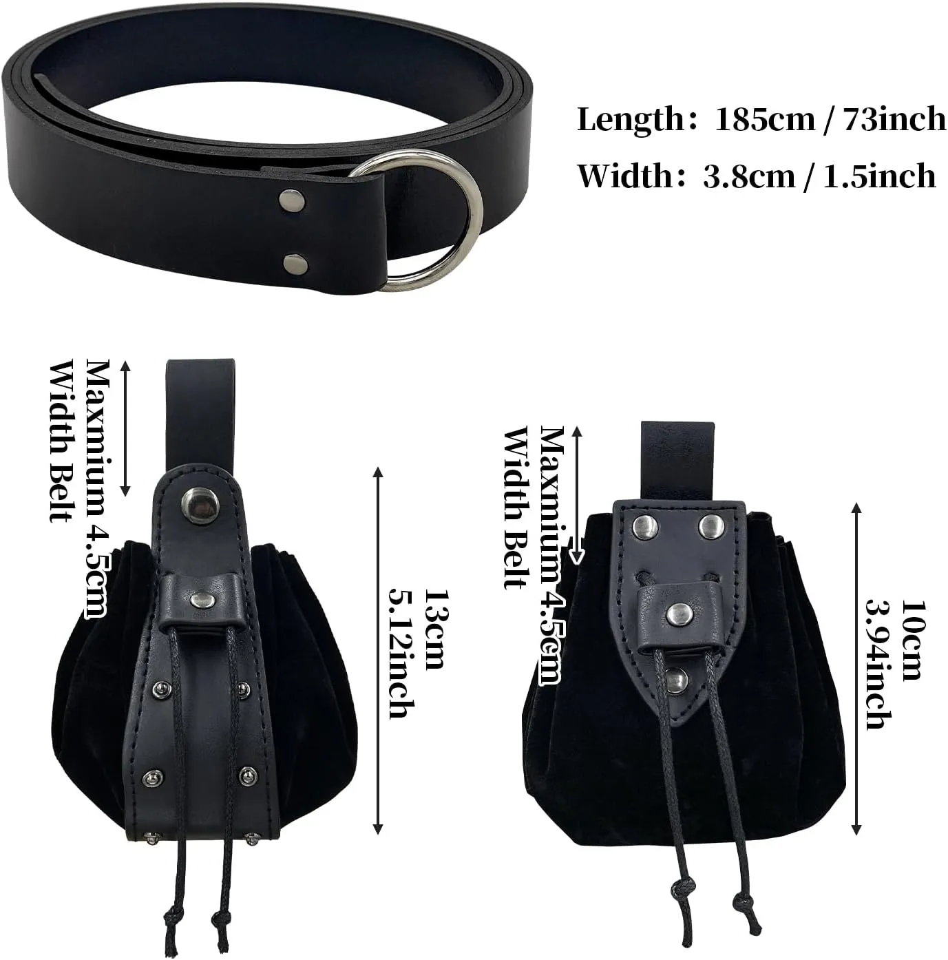HiiFeuer Medieval Embossed O Ring Belt with Nordic Embossed Belt Bag, Vintage Faux Leather Belt and Belt Pouch Set for LARP
