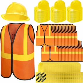 Hillban 108 Pcs Kids Construction Vest Bulk Kids Worker Costumes Party Supplies Including 36 Vests, 36 Hard Hats and 36 Tote Bags for Construction Theme Party Favor Costume Dressing up Decorations