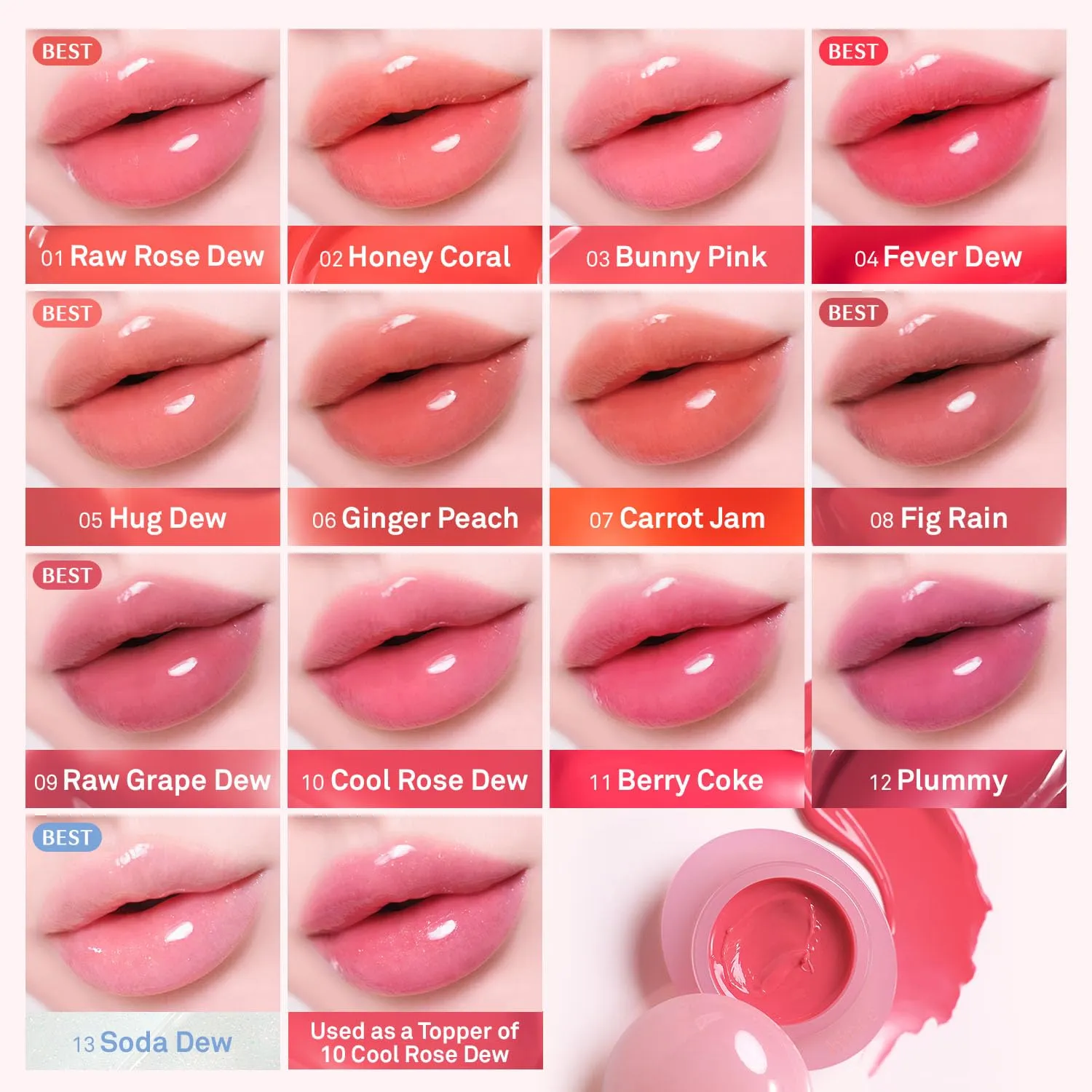 HINCE Raw Glow Dewy Ball - Tinted Lip Balm, Jelly Gloss Glow, Shine and Hydration, Lip & Blush Multiuse, Vegan, 0.12 oz. (13 colors) (BUNNY PINK)
