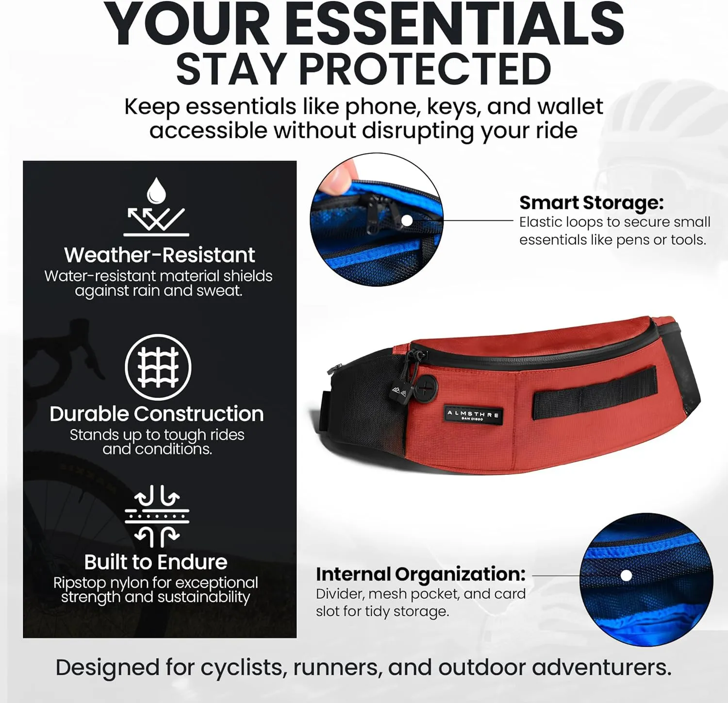 Hip Pack - Rust Red | Durable & Waterproof Fanny Pack for Cyclists | Adjustable Fit with Organized Storage | Recycled Ripstop Nylon for Biking, Hiking, and Everyday Carry