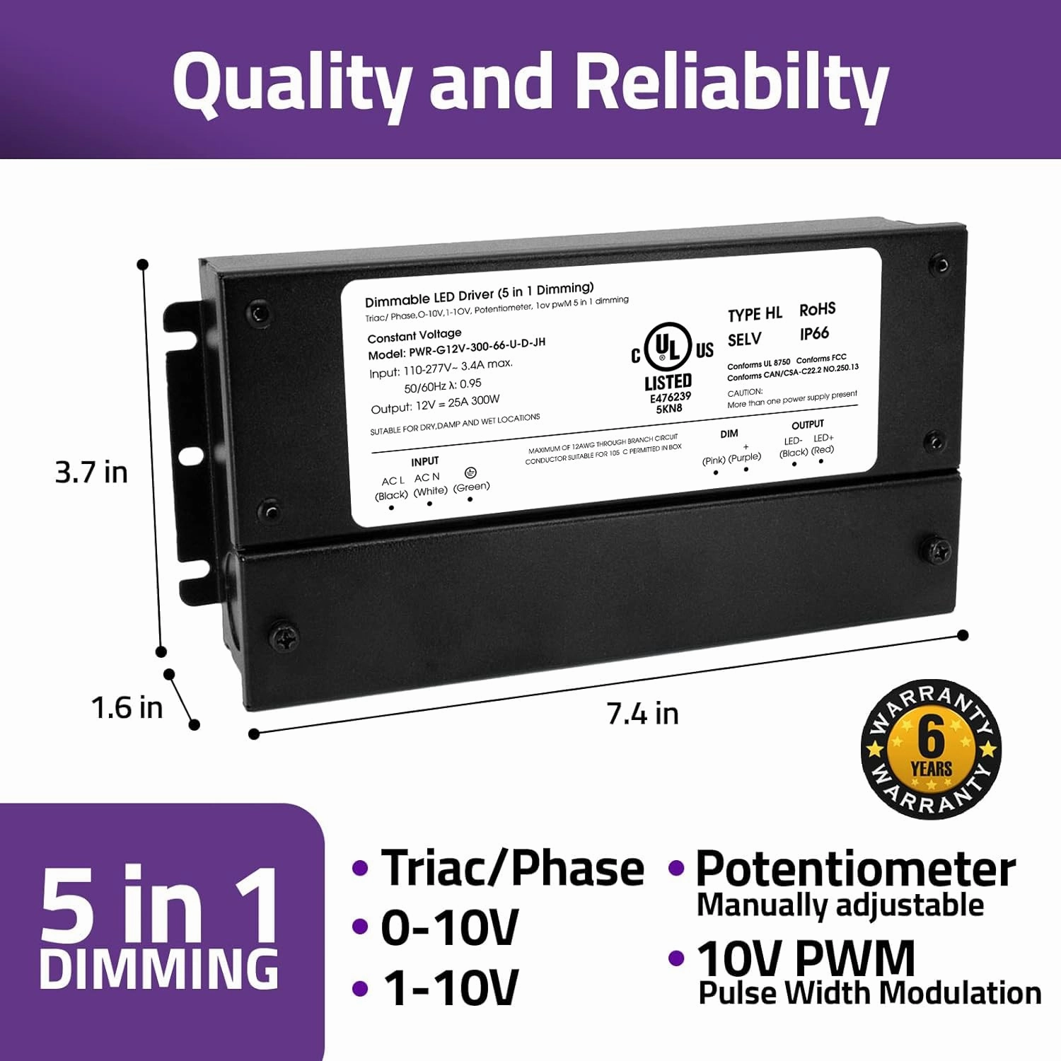 HitLights 300W Dimmable LED Driver, Electronic Transformer, 120V AC to 12V DC Power Supply for LED Strip Light, IP66 Rated, Dimming with TRIAC, 0-10V, 1-10V, Potentiometer, 10V PWM, UL Listed, Class 2