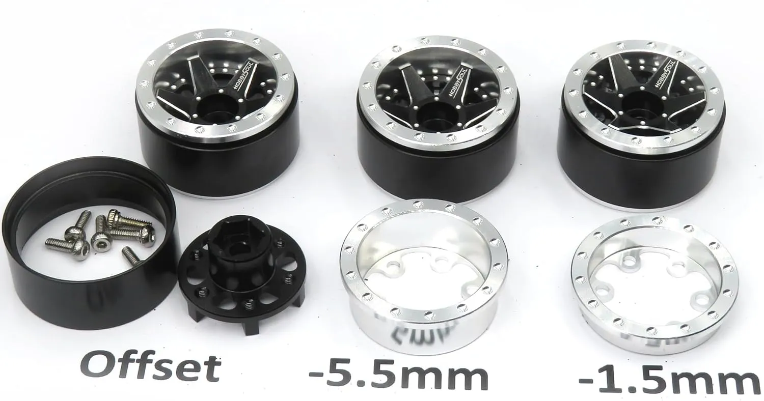 hobbysoul Adjustable Offset 1.0 Beadlock Wheels Rims, Negative Offset Heavy 1.0 Wheels 20.5g/Rim for RC Micro Crawler 1/18 TRX4M Axial SCX24 90081, (4-Pack)