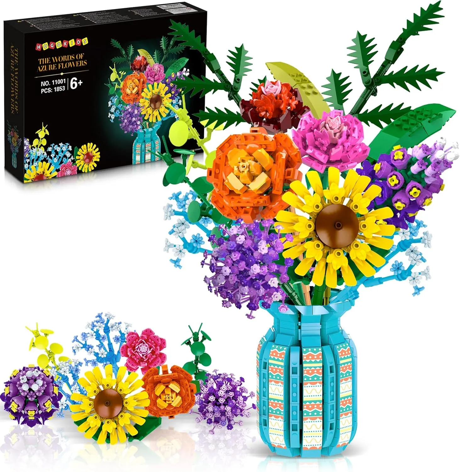 HOGOKIDS Flowers Bouquet Building Set Mother's Day with Vase - 1853PCS Flower Botanical Collection Building Blocks Toy, Flower Home Plant Decor, Christmas Birthday for Adults Kids Girls