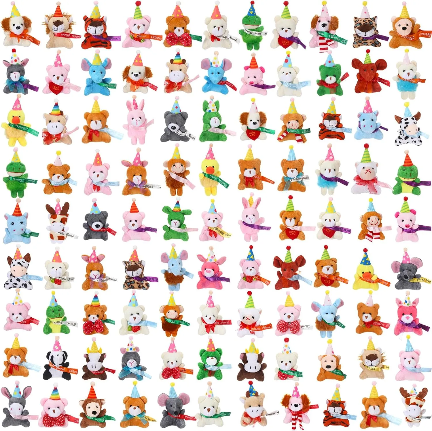 HooLing 100 Pcs Birthday Mini Animal Plush Toys Bulk with Birthday Hats and Ribbon Plush Keychains Small Plushies Gift Set for Party Decor Gifts Reward Goodie Bag Stocking Stuffers
