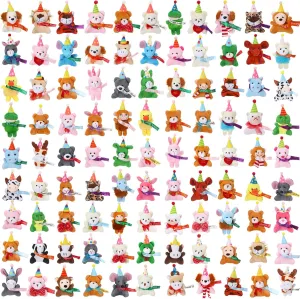 HooLing 100 Pcs Birthday Mini Animal Plush Toys Bulk with Birthday Hats and Ribbon Plush Keychains Small Plushies Gift Set for Party Decor Gifts Reward Goodie Bag Stocking Stuffers