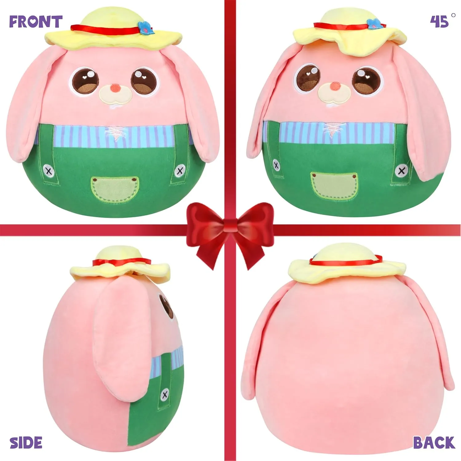 Hopearl Farmer Bunny Plush Toy, Stuffed Animal Rabbit Pillow Huggable Stuffed Animal, Smooth Plushies Pillow, for Kids Boys Girls, Pink, 12'' (Bunny)