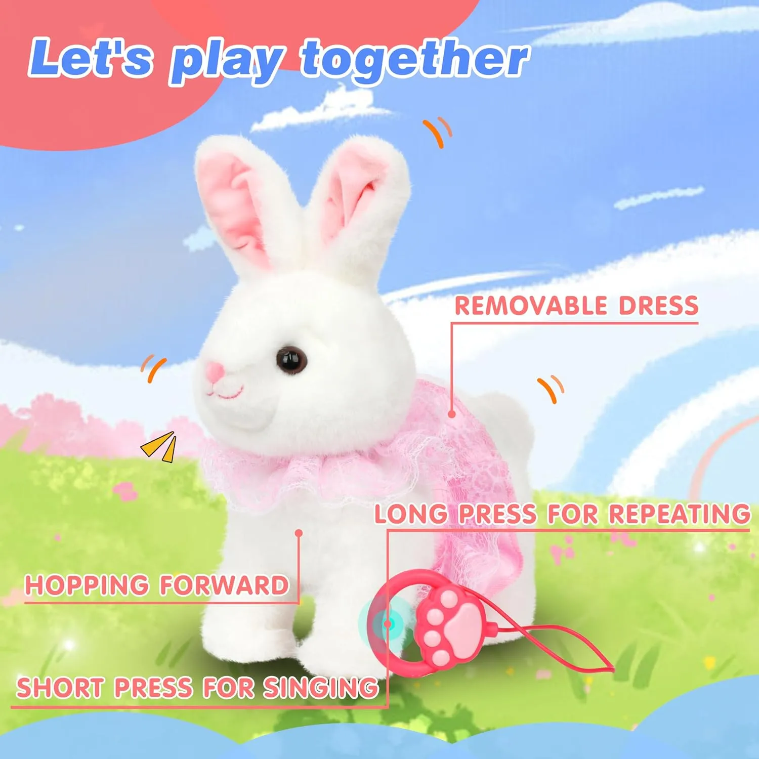 Hopearl Hopping Bunny Interactive Electronic Rabbit Toy Remote Control Leash Animated Pet Repeat What You Said Singing Gifts for Toddlers, White, 12''