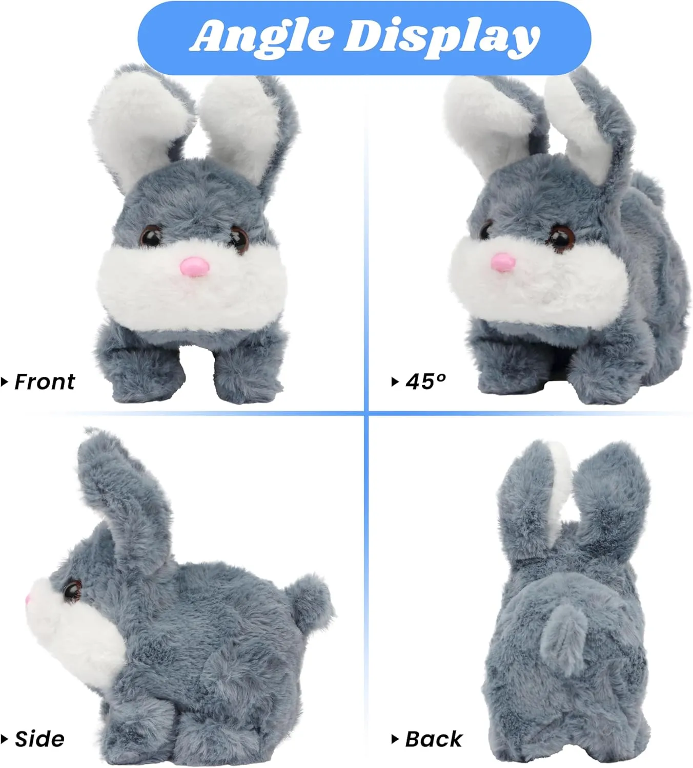 Hopearl Hopping Chubby Rabbit Interactive Electronic Pet Plush Bunny Toy with Sounds and Movements Animated Walking Wiggle Ears Twitch Nose Gift for Toddlers Birthday, Gray, 7''