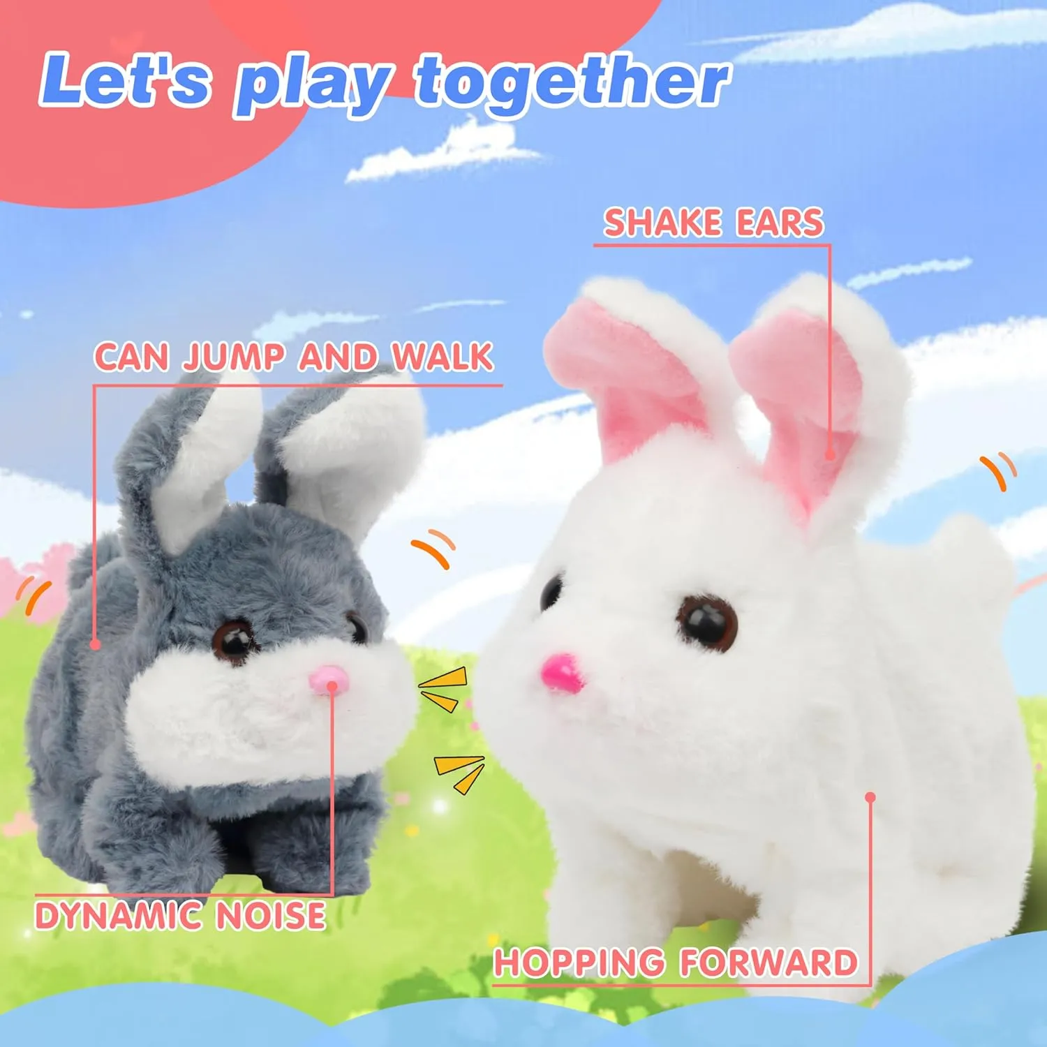 Hopearl Hopping Chubby Rabbit Interactive Electronic Pet Plush Bunny Toy with Sounds and Movements Animated Walking Wiggle Ears Twitch Nose Gift for Toddlers Birthday, Gray, 7''