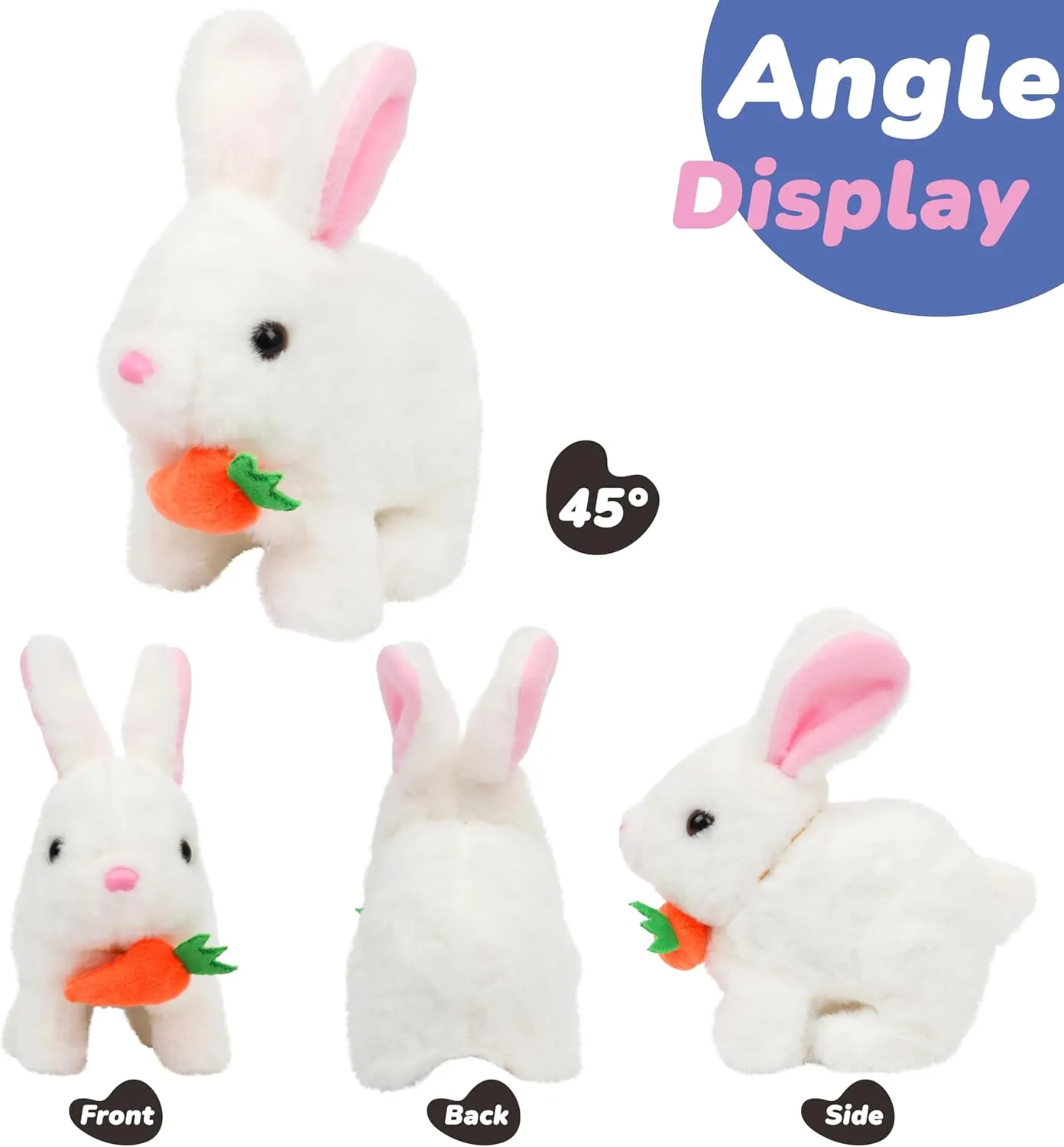 Hopearl Hopping Rabbit with Carrot Interactive Electronic Pet Plush Bunny Toy with Sounds and Movements Animated Walking Wiggle Ears Twitch Nose Gifts for Toddlers Birthday, White, 7''