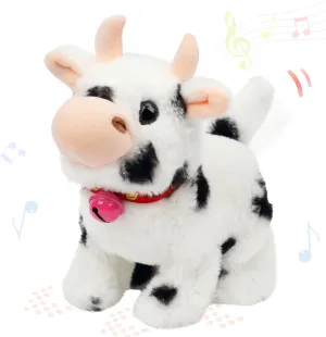 Hopearl Walking Cow Interactive Electronic Pet Plush Diary Cattle Toy with Sounds and Movements MOO Nodding Head Wag Tail Animated Gift for Toddlers Birthday, Black, 7''
