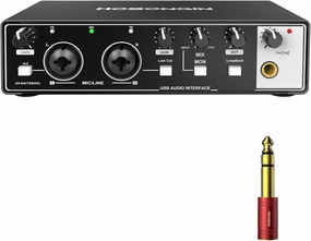 HOSONGIN USB Audio Interface for PC & Mac, Budget-Friendly 24-bit/192kHz Sound Card, Plug-and-Play Mixer for Beginners, Guitar, Podcast, and Streaming with 48V Phantom Power