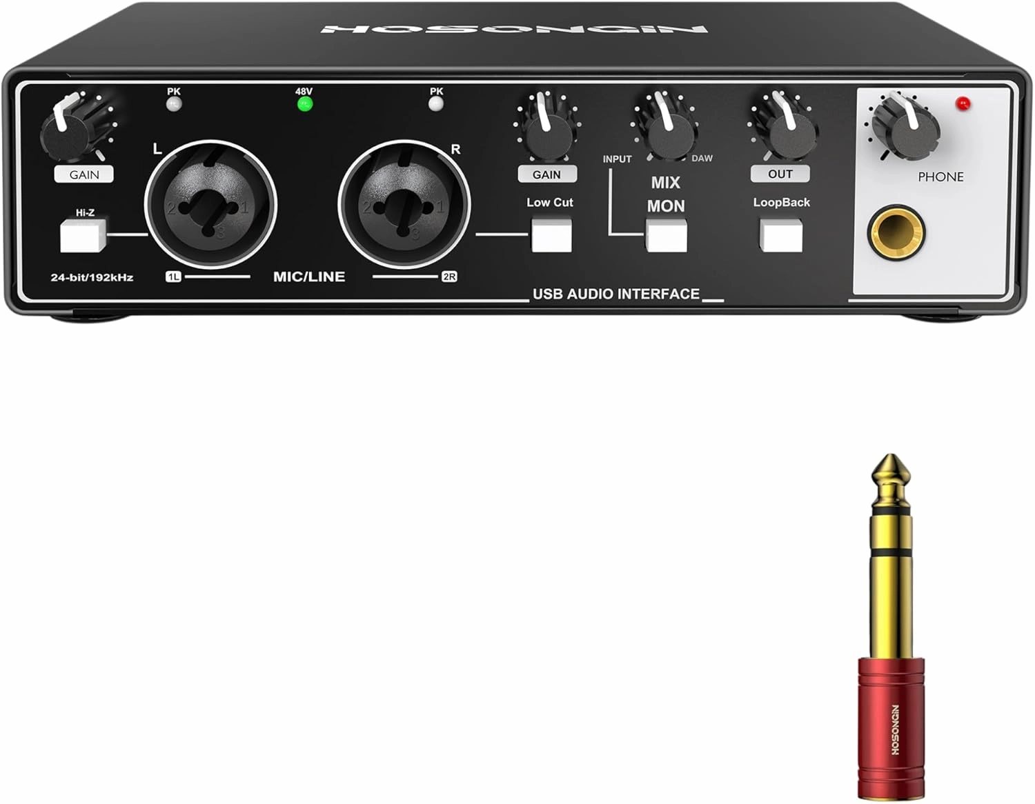HOSONGIN USB Audio Interface for PC & Mac, Budget-Friendly 24-bit/192kHz Sound Card, Plug-and-Play Mixer for Beginners, Guitar, Podcast, and Streaming with 48V Phantom Power