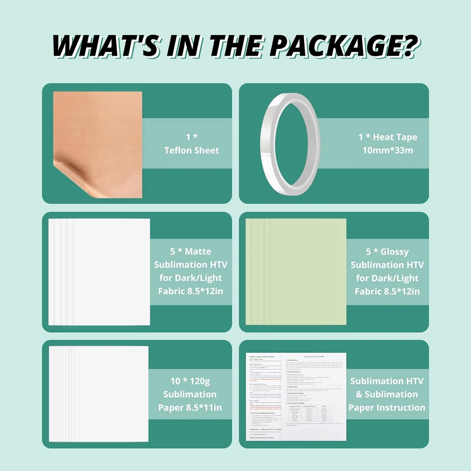 HTVRONT Sublimation HTV Kit for Dark/Light Fabric - Heat Press Starter Kit for Shirt/Bag/Hat, Includes Paper, Resistant Tape & Teflon Sheet