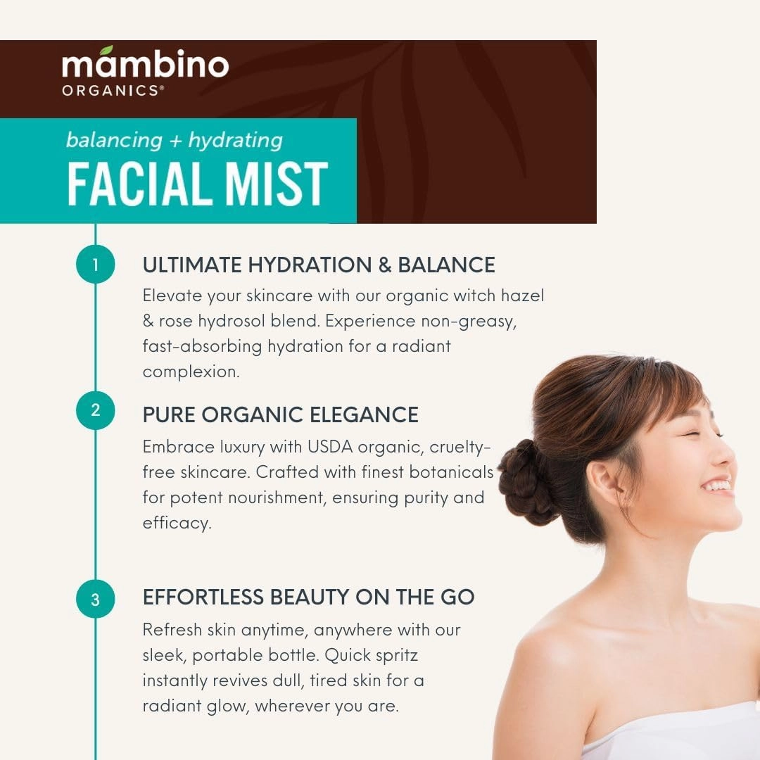 Hydrating Facial Mist Spray – Organic, Vegan Toner with Rosewater, Witch Hazel, & Red African Tea – Pore Minimizing for Sensitive Skin – Cruelty-Free Skin Care by Mambino Organics, 2-Pack 4 floz
