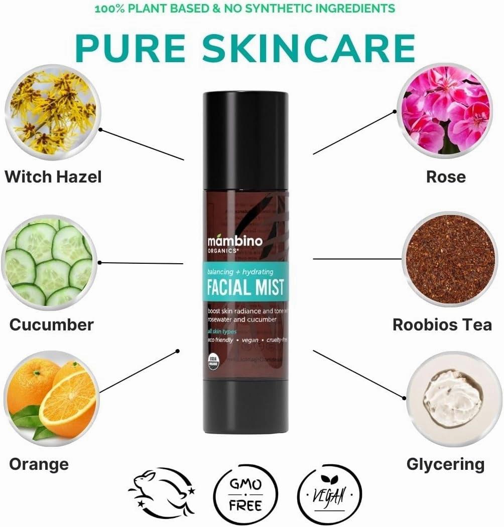 Hydrating Facial Mist Spray – Organic, Vegan Toner with Rosewater, Witch Hazel, & Red African Tea – Pore Minimizing for Sensitive Skin – Cruelty-Free Skin Care by Mambino Organics, 4 floz