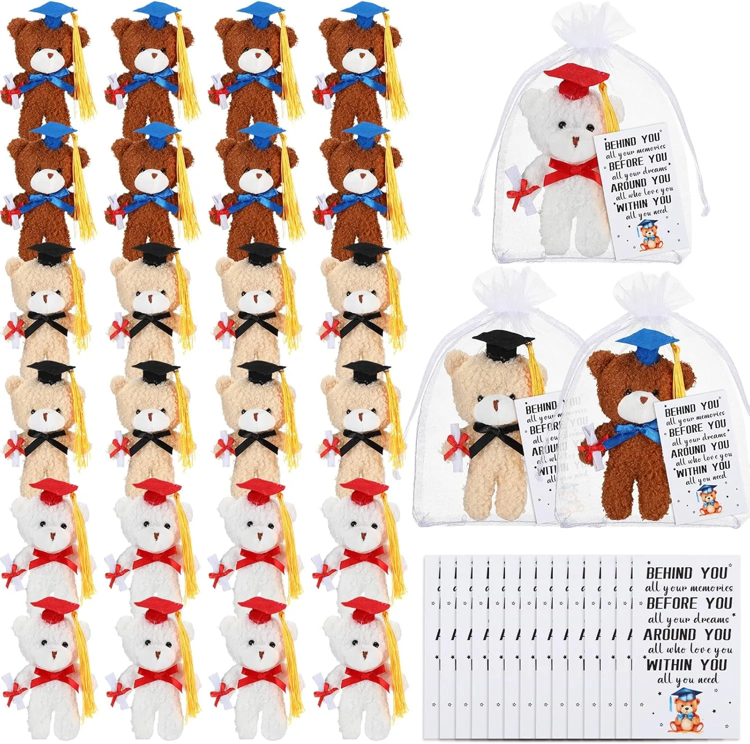 HyDren 36 Sets Mini Bear Gift Set 5.5 Inch Small Plush Stuffed Bear with Cap Gift Card Organza Bags for College High School Graduation Party Favors DIY Keychain