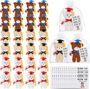HyDren 36 Sets Mini Bear Gift Set 5.5 Inch Small Plush Stuffed Bear with Cap Gift Card Organza Bags for College High School Graduation Party Favors DIY Keychain