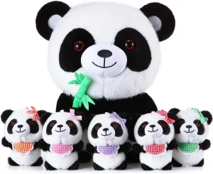 HyDren 6 Pcs Panda Stuffed Animals 12 Inch Soft Cute Stuffed Bamboo Panda Mama with 5 Lovely Baby Plushies for Boys Girls Birthday Gift Baby Shower Party Decorations