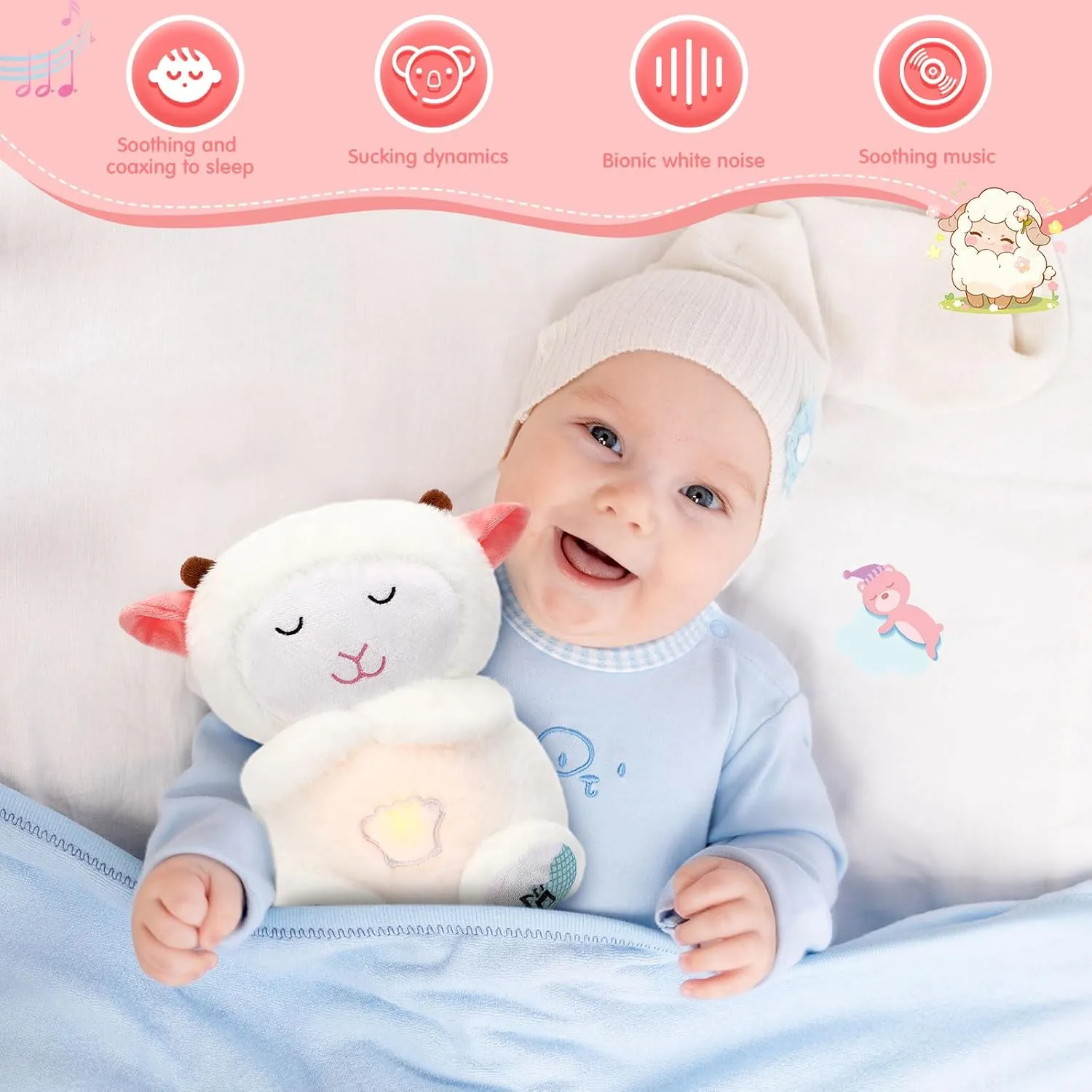 HyDren Breathing Stuffed Animal 9 inch Calming Soothers for Sleep Heartbeat Plush for Anxiety with Music Lights and Rhythmic Breathing Motion Anxiety Relief Portable Plush Sound Machine(Sheep)
