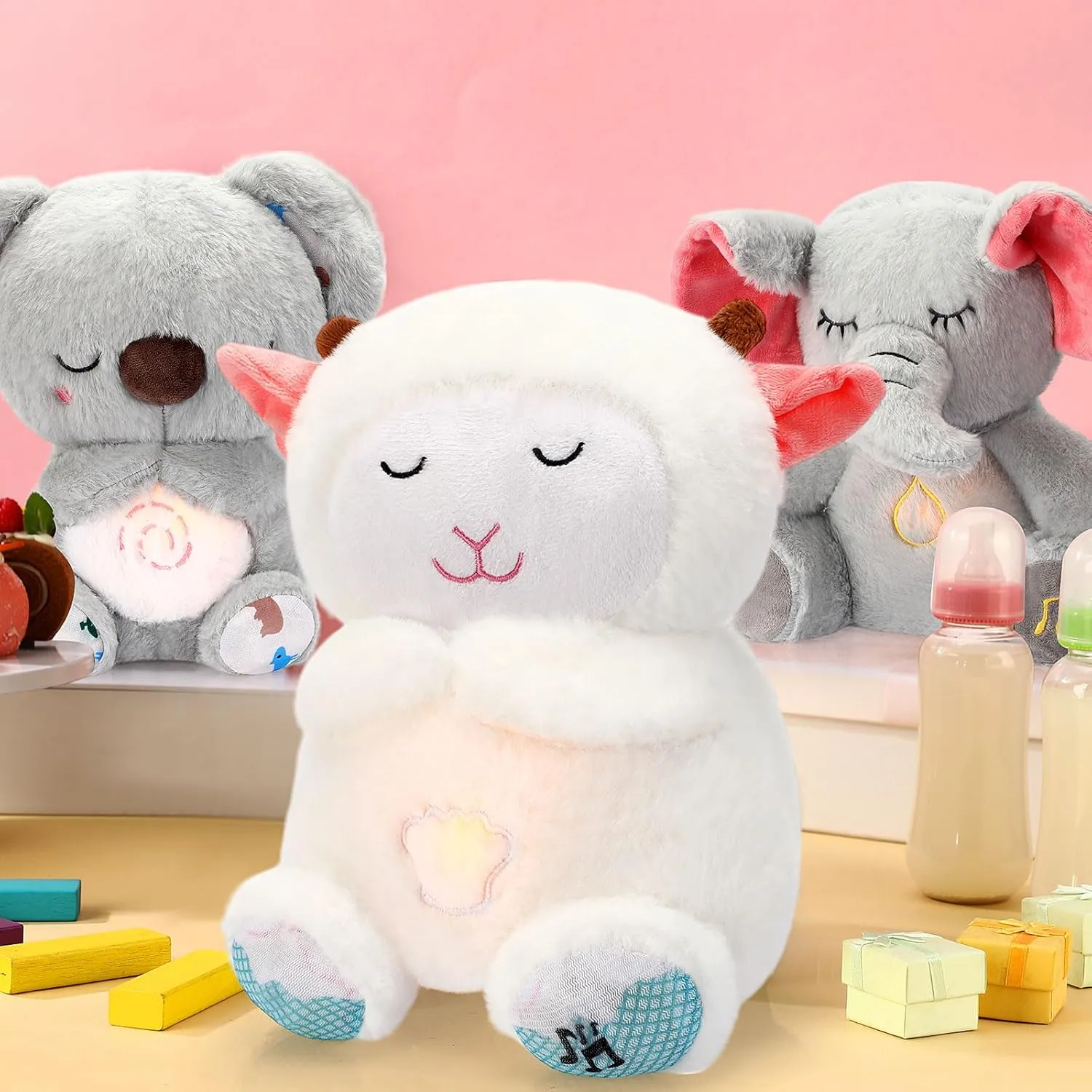 HyDren Breathing Stuffed Animal 9 inch Calming Soothers for Sleep Heartbeat Plush for Anxiety with Music Lights and Rhythmic Breathing Motion Anxiety Relief Portable Plush Sound Machine(Sheep)