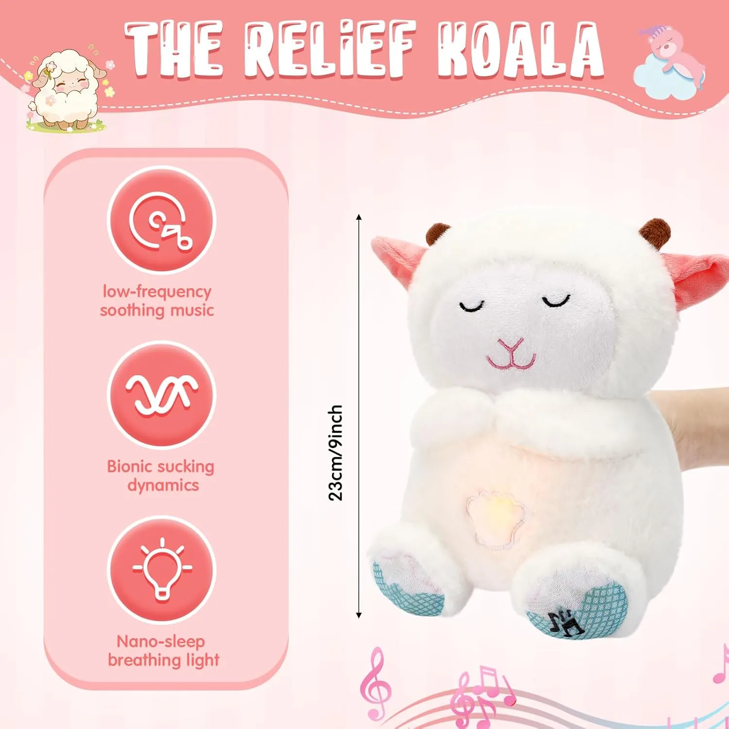 HyDren Breathing Stuffed Animal 9 inch Calming Soothers for Sleep Heartbeat Plush for Anxiety with Music Lights and Rhythmic Breathing Motion Anxiety Relief Portable Plush Sound Machine(Sheep)
