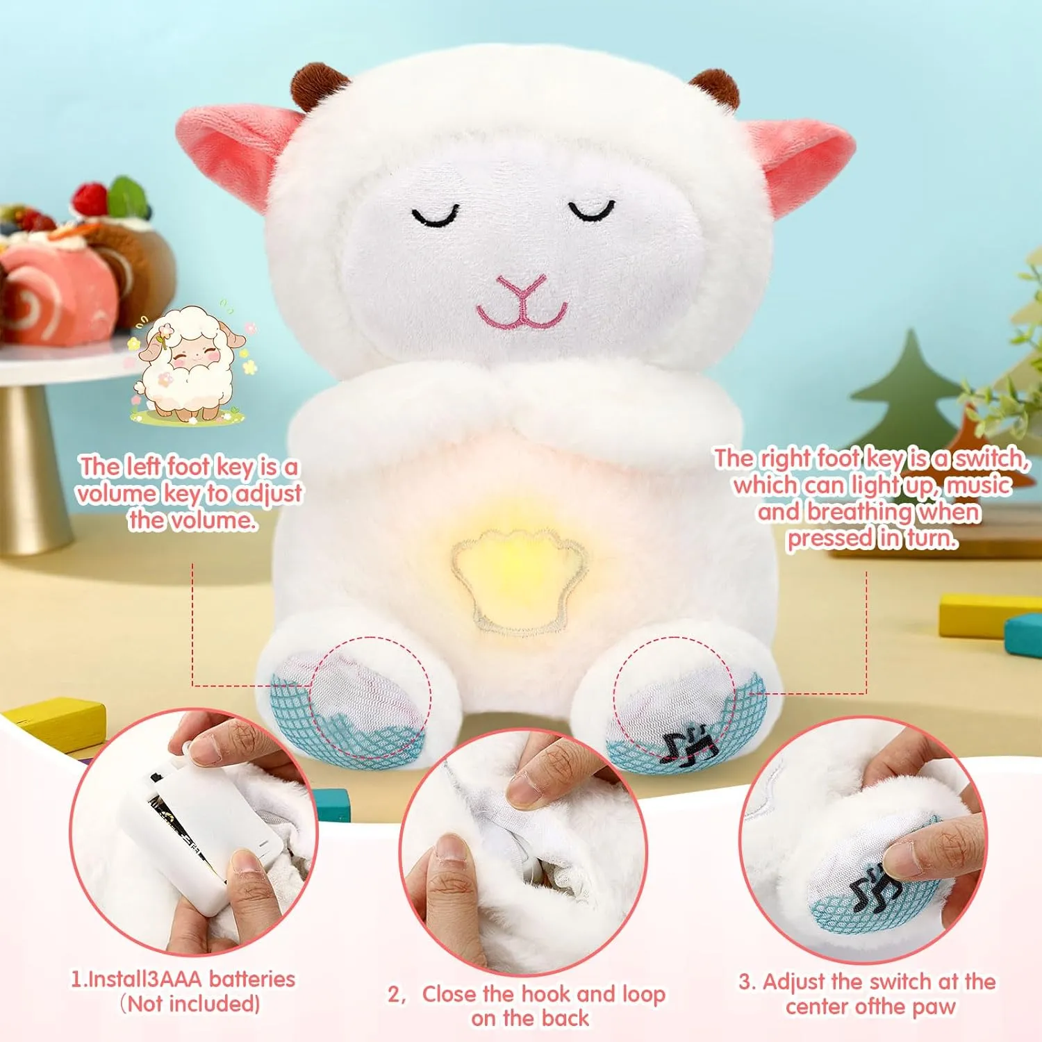 HyDren Breathing Stuffed Animal 9 inch Calming Soothers for Sleep Heartbeat Plush for Anxiety with Music Lights and Rhythmic Breathing Motion Anxiety Relief Portable Plush Sound Machine(Sheep)