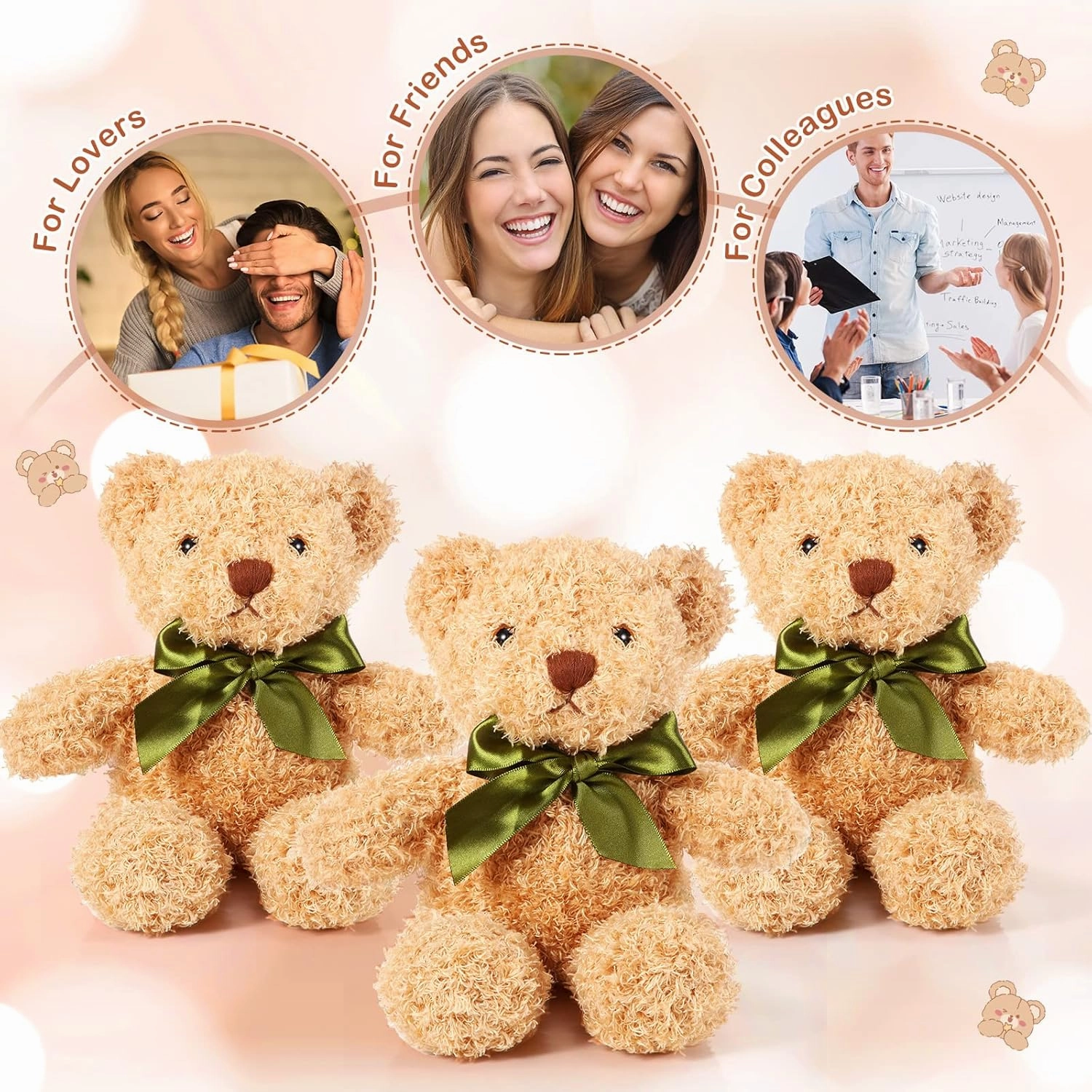HyDren 12 Pcs 10 Inch Bear Stuffed Animal Bulk Soft Plush Bears Bulk with Ribbon Bow for Birthday Baby Shower Graduation Wedding Party Favor (Light Brown)