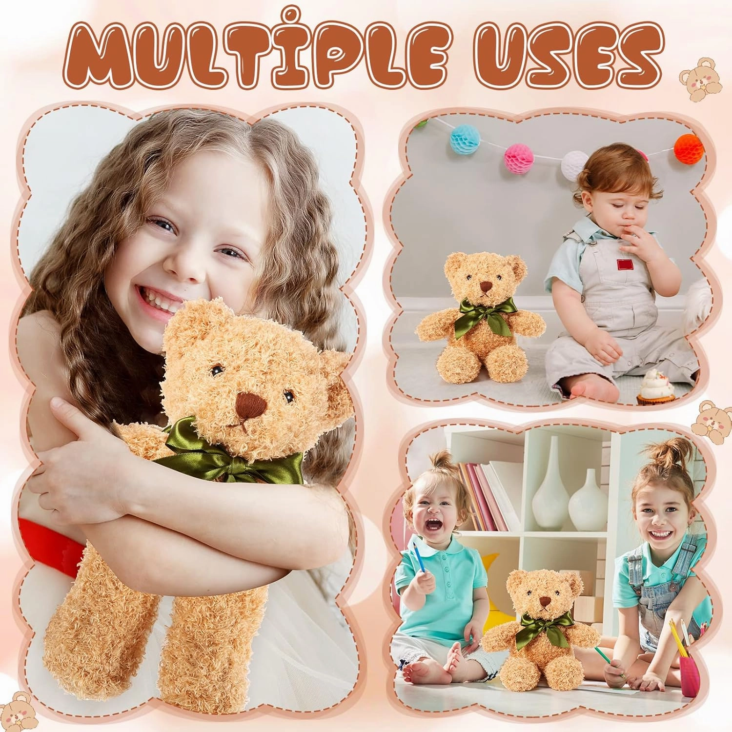 HyDren 12 Pcs 10 Inch Bear Stuffed Animal Bulk Soft Plush Bears Bulk with Ribbon Bow for Birthday Baby Shower Graduation Wedding Party Favor (Light Brown)