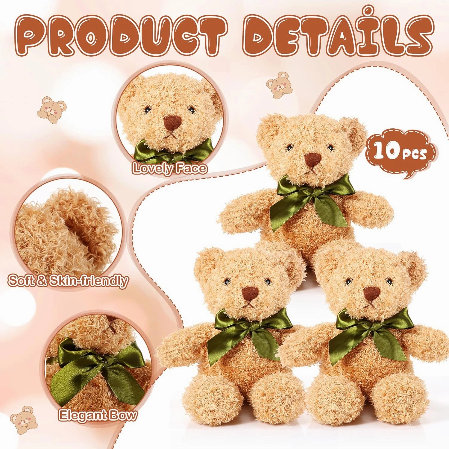 HyDren 12 Pcs 10 Inch Bear Stuffed Animal Bulk Soft Plush Bears Bulk with Ribbon Bow for Birthday Baby Shower Graduation Wedding Party Favor (Light Brown)