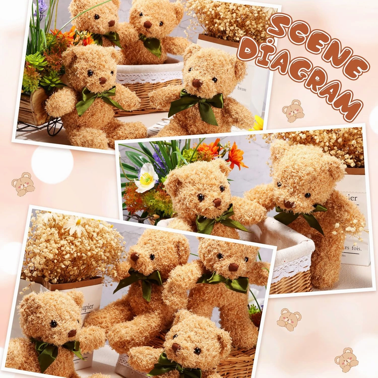 HyDren 12 Pcs 10 Inch Bear Stuffed Animal Bulk Soft Plush Bears Bulk with Ribbon Bow for Birthday Baby Shower Graduation Wedding Party Favor (Light Brown)