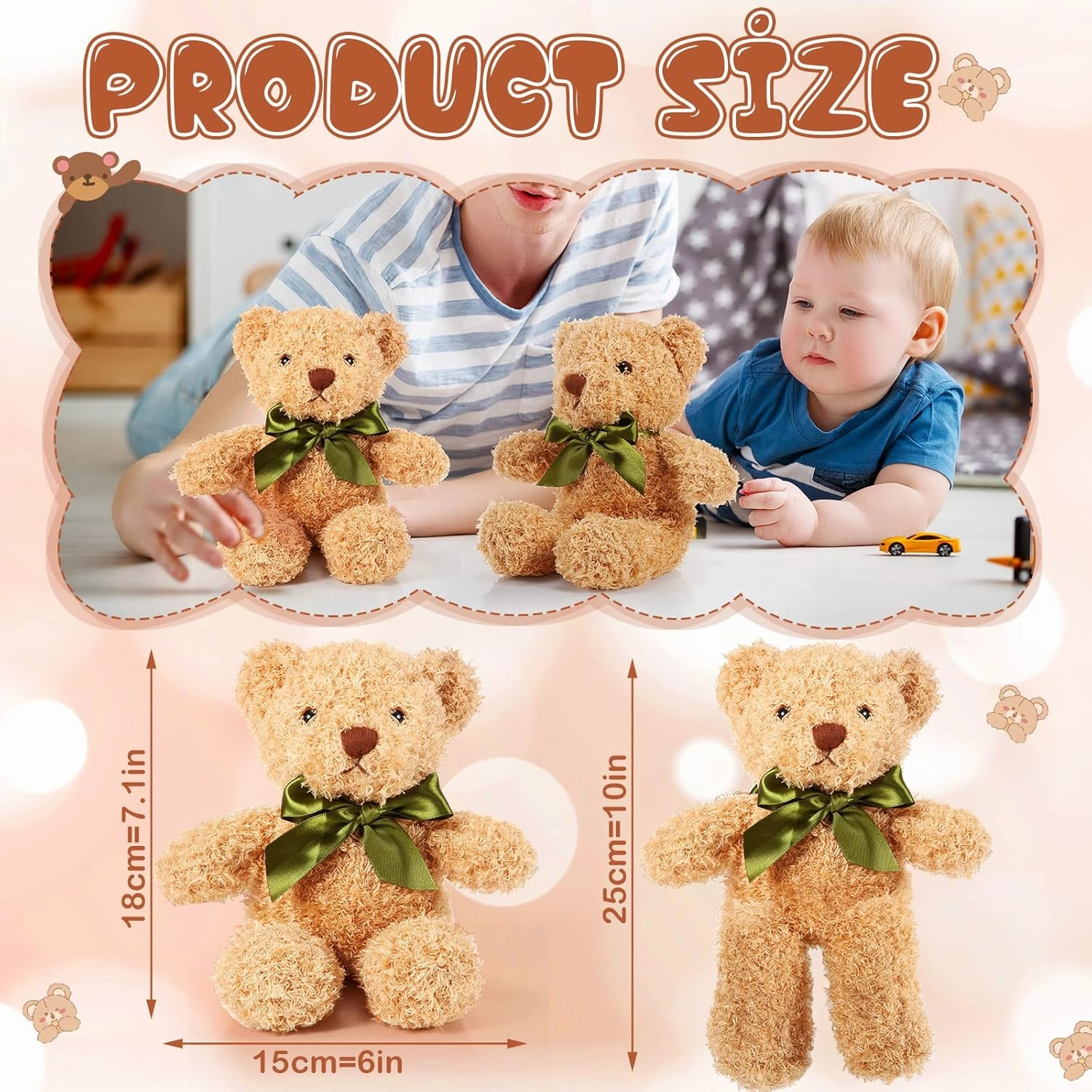 HyDren 12 Pcs 10 Inch Bear Stuffed Animal Bulk Soft Plush Bears Bulk with Ribbon Bow for Birthday Baby Shower Graduation Wedding Party Favor (Light Brown)