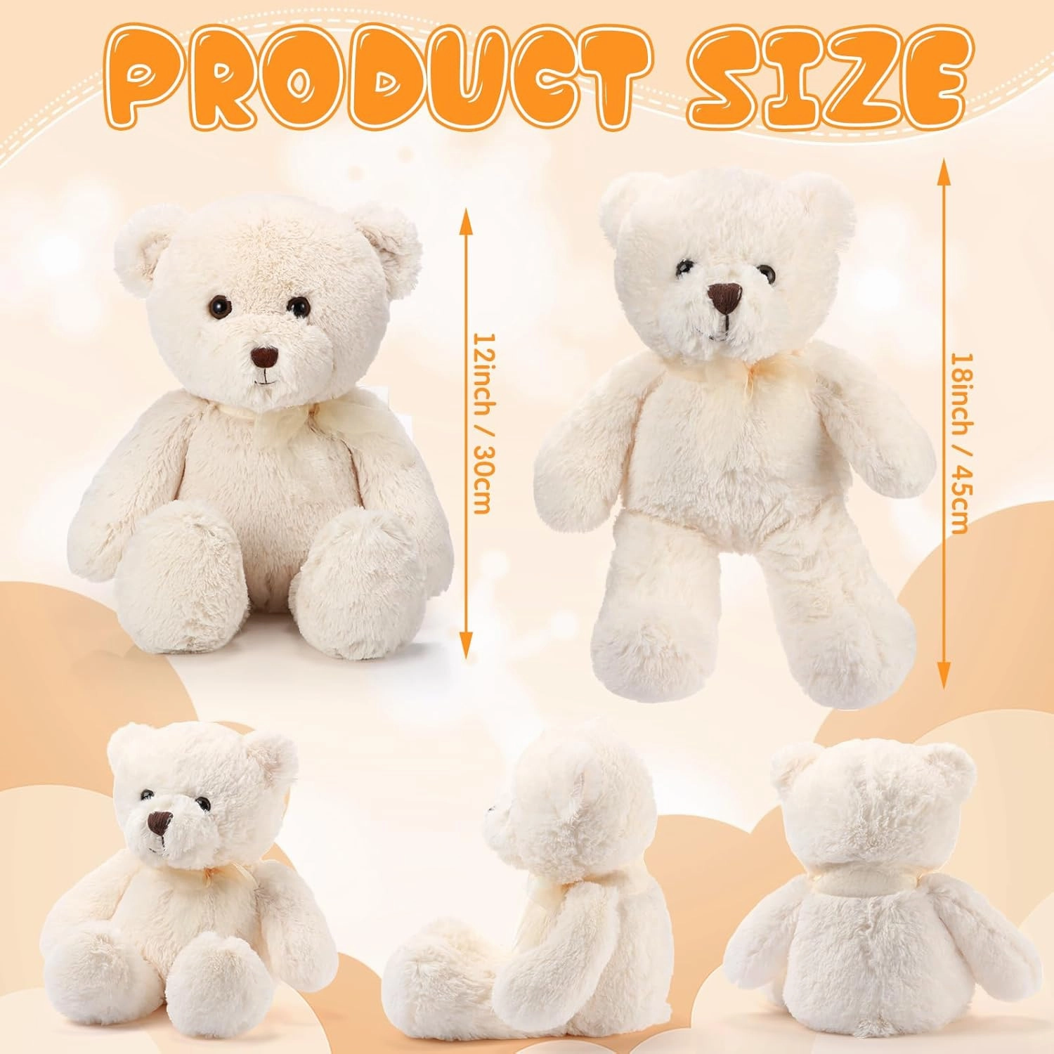 HyDren 2 Pack Plush Bear Stuffed Animals 18 Inch Cuddly Stuffed Bear Plushies with Bow for Birthday Gifts Baby Shower Party Favor Decors(White)
