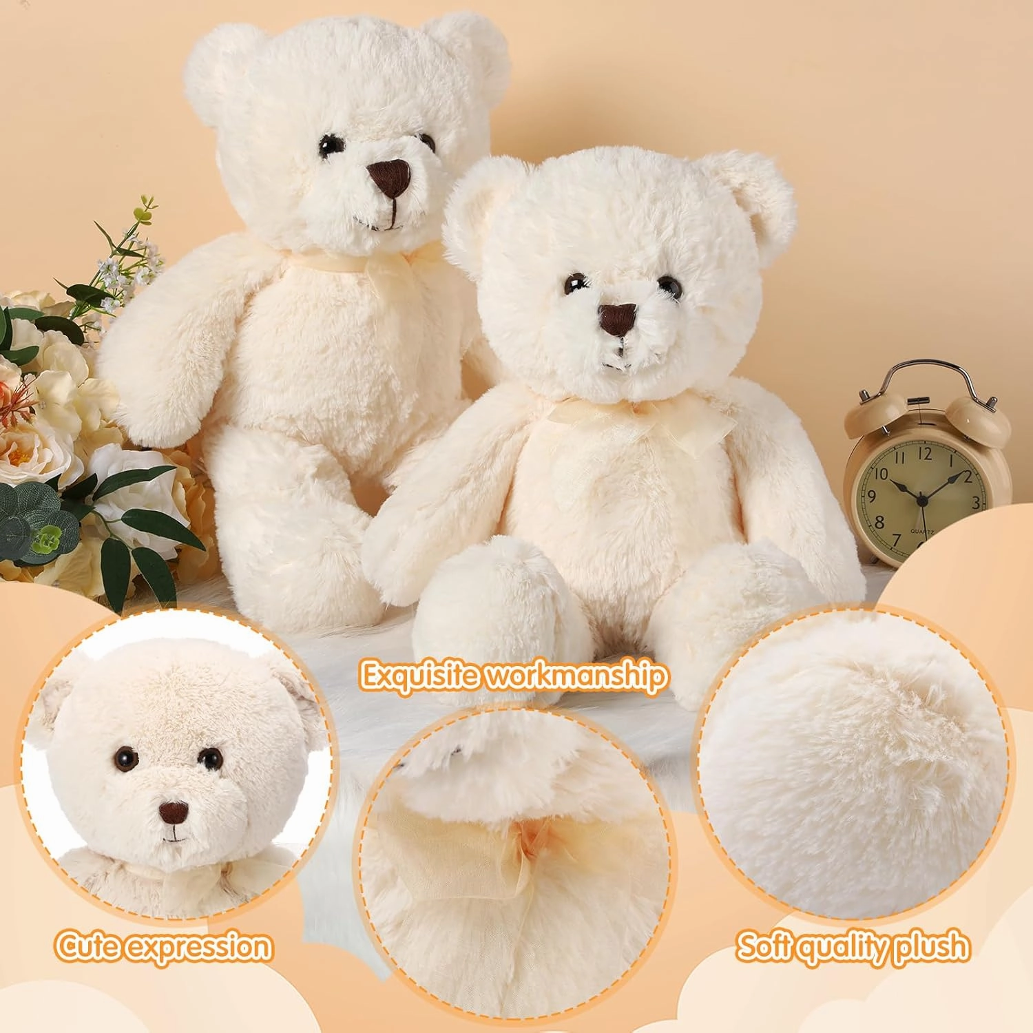 HyDren 2 Pack Plush Bear Stuffed Animals 18 Inch Cuddly Stuffed Bear Plushies with Bow for Birthday Gifts Baby Shower Party Favor Decors(White)