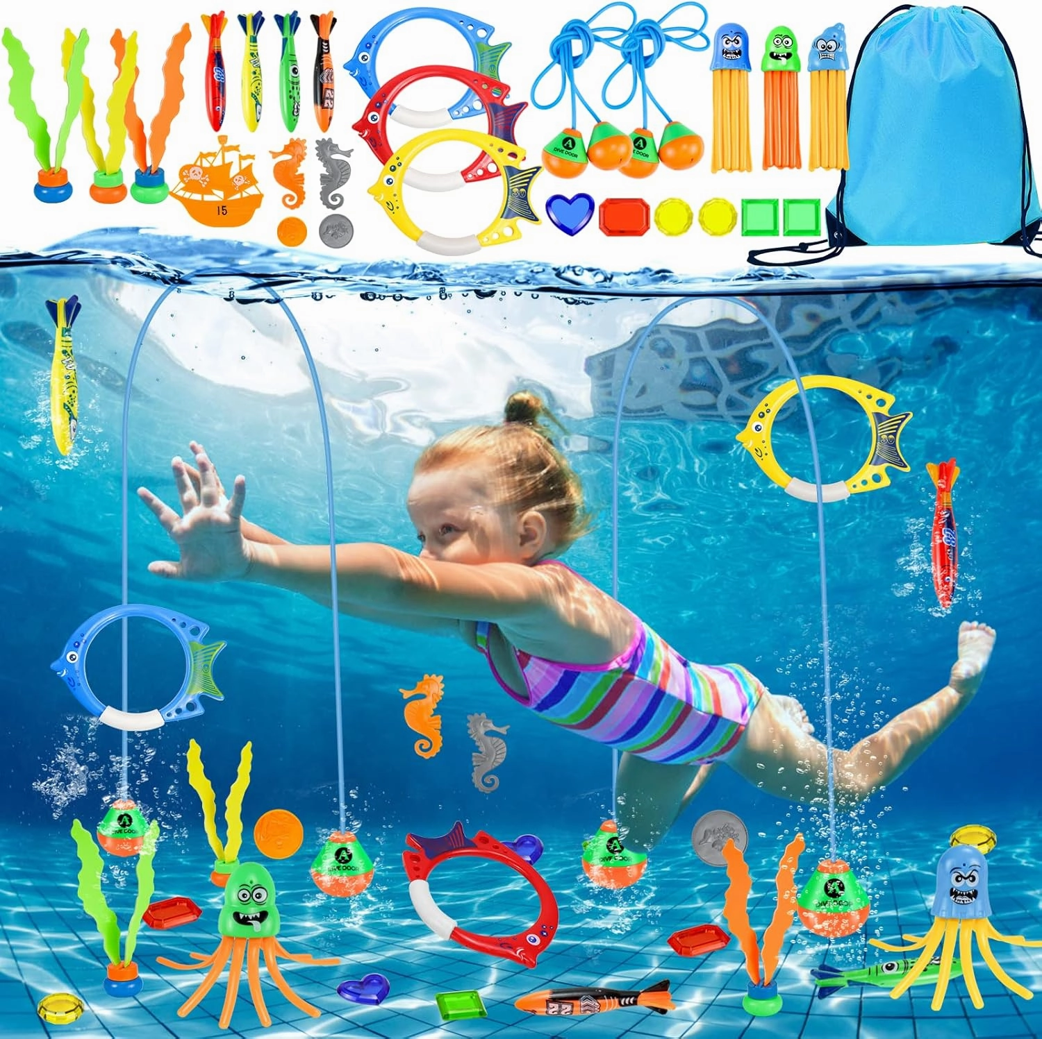 Hysagtek Pool Toys for Kids Ages 4-12, 27PCS Swimming Diving Pool Toys Games Set - Swim Thru Doors, Diving Rings, Torpedoes, Seaweed, Octopus...