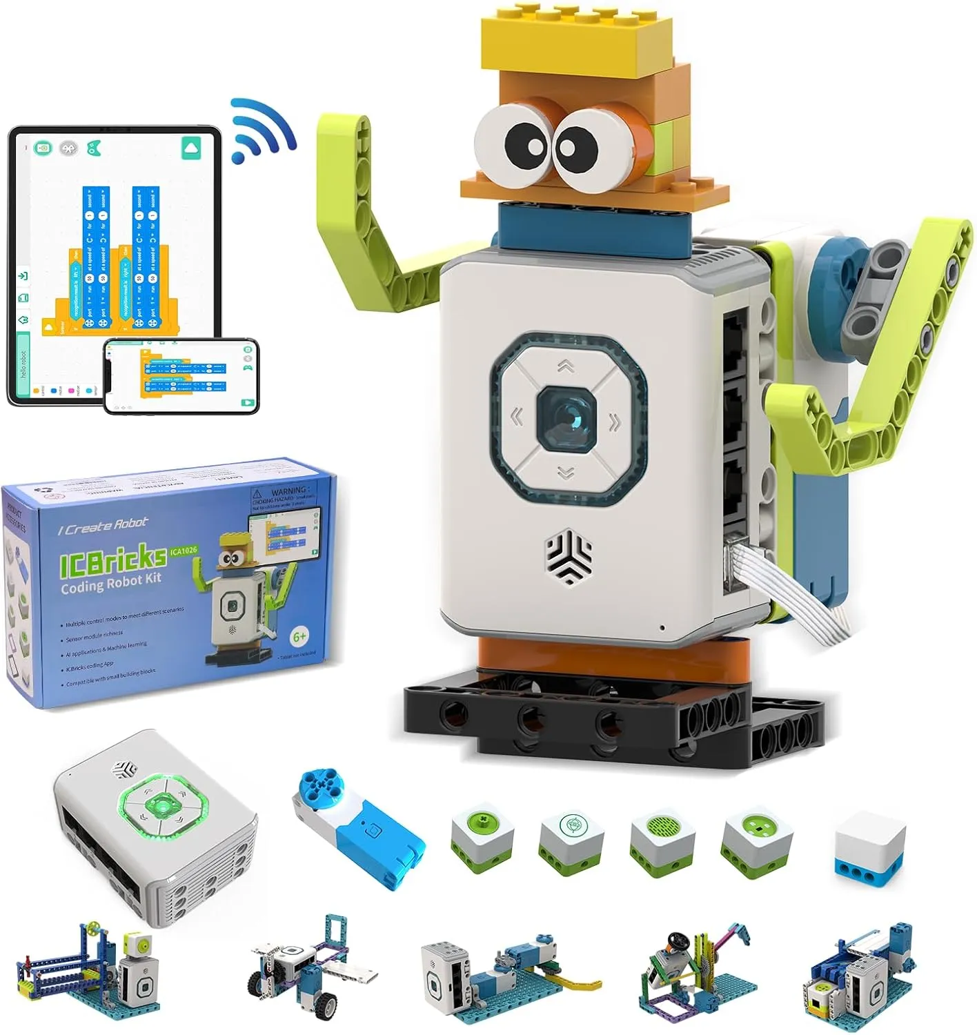 ICBricks 12 in 1 Coding Robot Kit for Kids 6 , 240  Piece Educational AI STEM Remote Building Learn to Code with Hub,Motor,Sensor,APP Control for Girls Boys Gift